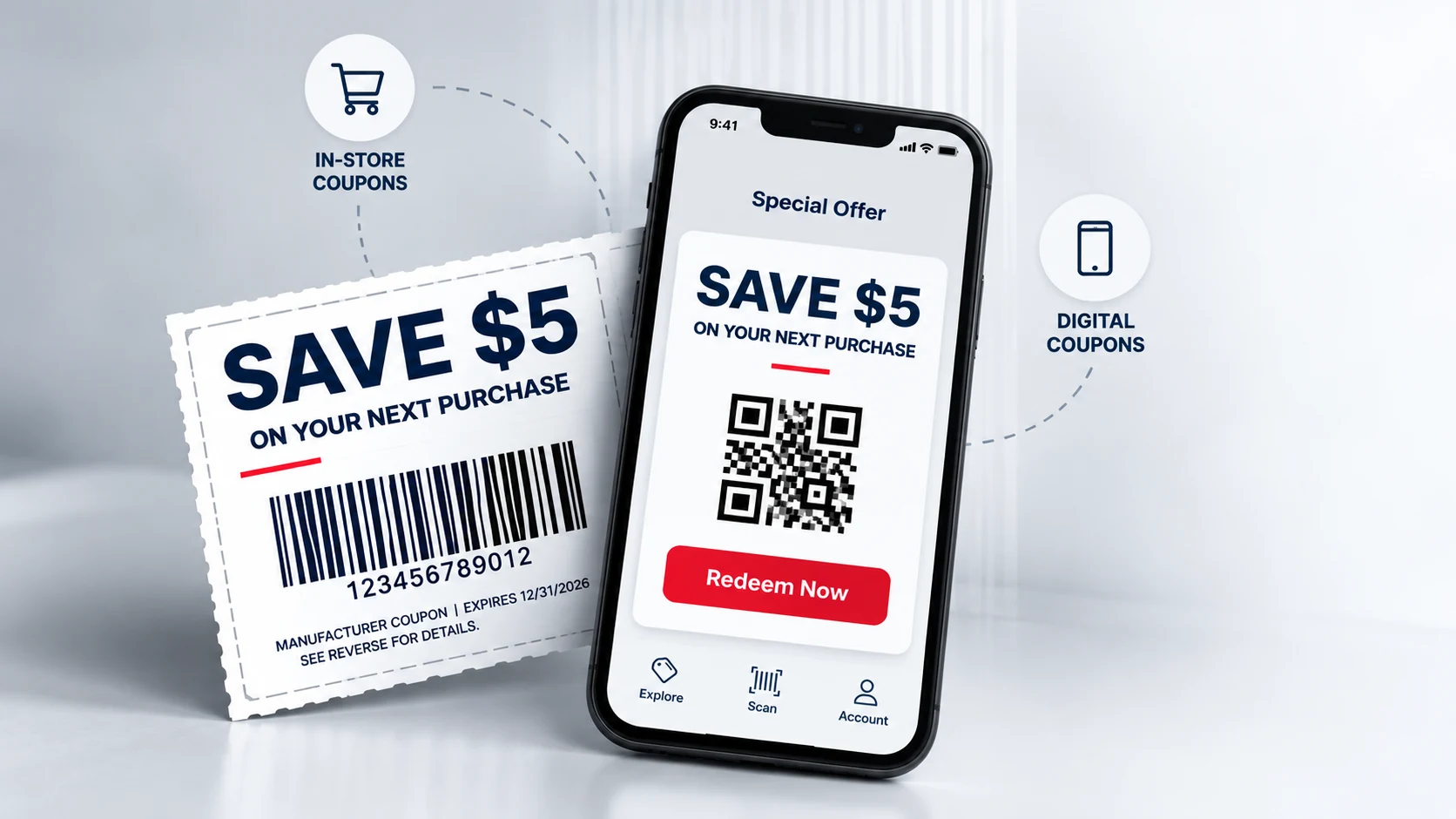 Print and digital coupon offers shown on a paper coupon and mobile device